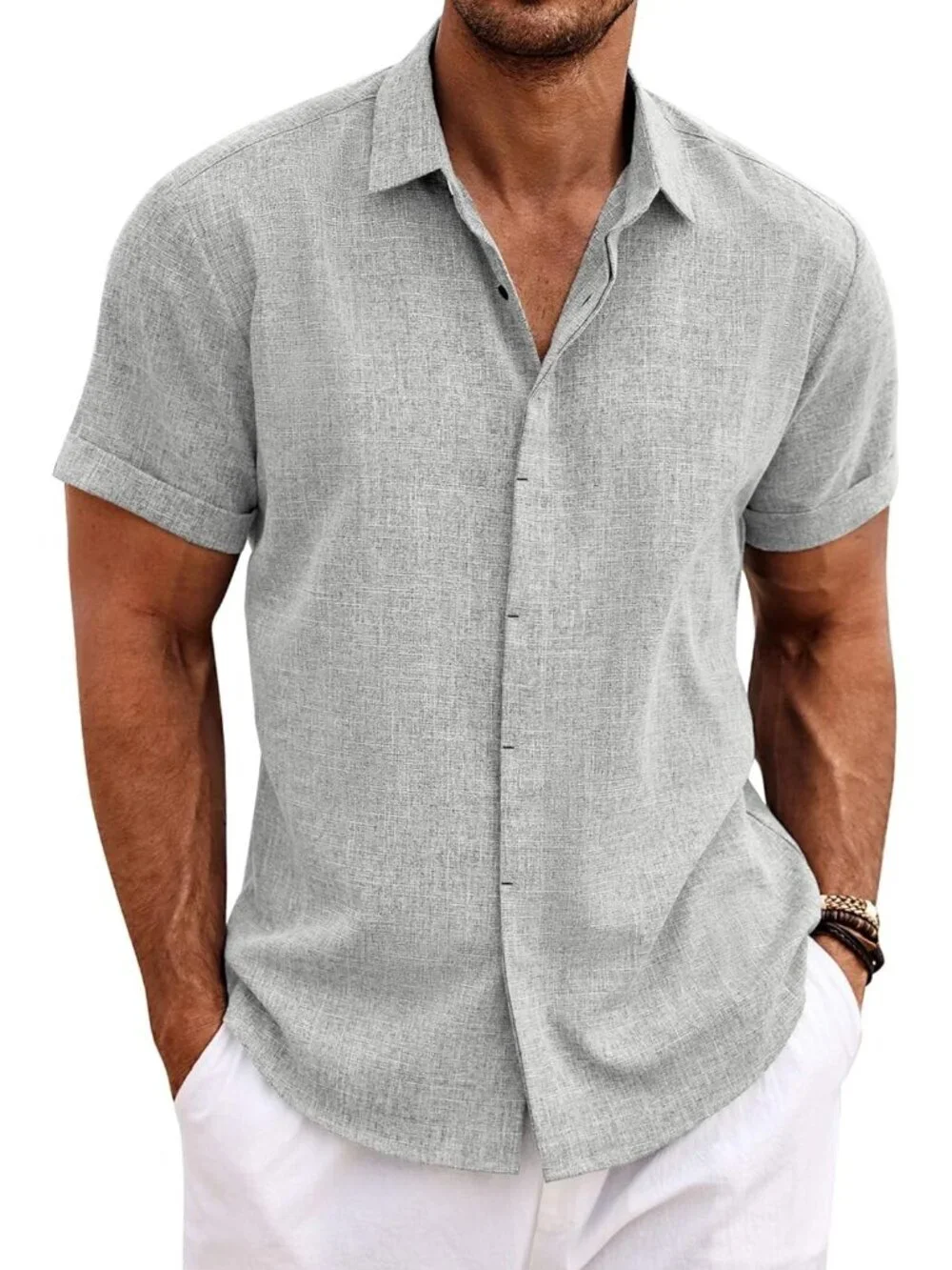 Men's Light Grey Beach Linen Short Sleeve Casual Shirts Button Down